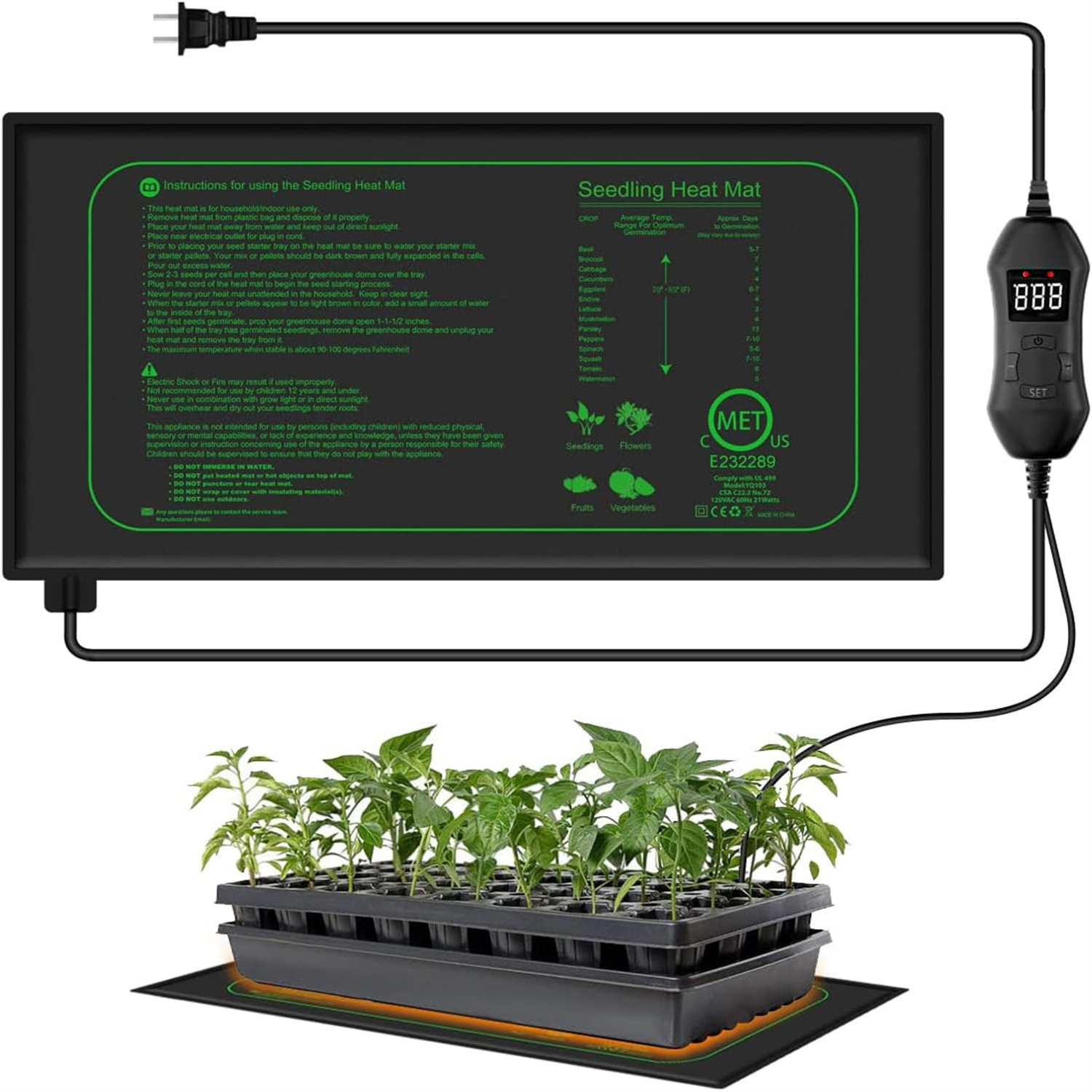 Seedling Heat Mat - แผ่นทำความร้อนสำหรับต้นกล้าพร้อมเทอร์โมสตัทดิจิตอล สำหรับปลูกพืชในร่ม แผ่นทำความร้อนเพื่อการงอกของเมล็ดพันธุ์ แผ่นเพาะพันธุ์ แผ่นเริ่มต้นการเพาะพันธุ์ ปลั๊ก